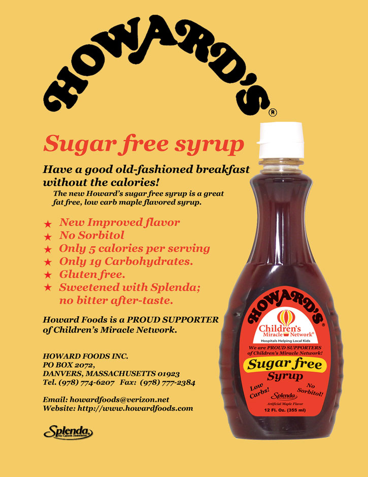 Howards Sugar Free Syrup Advertisement - bottle of syrup - splenda logo - product details
